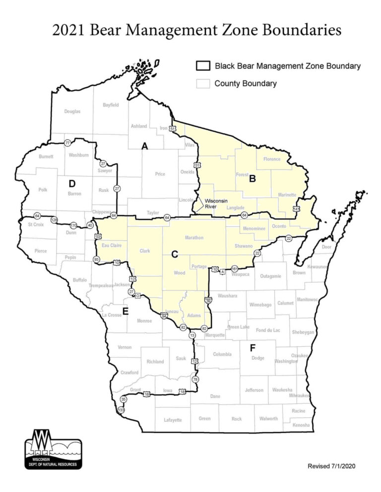 Wisconsin Bear Hunting Zone Map with zones B and C highlighted